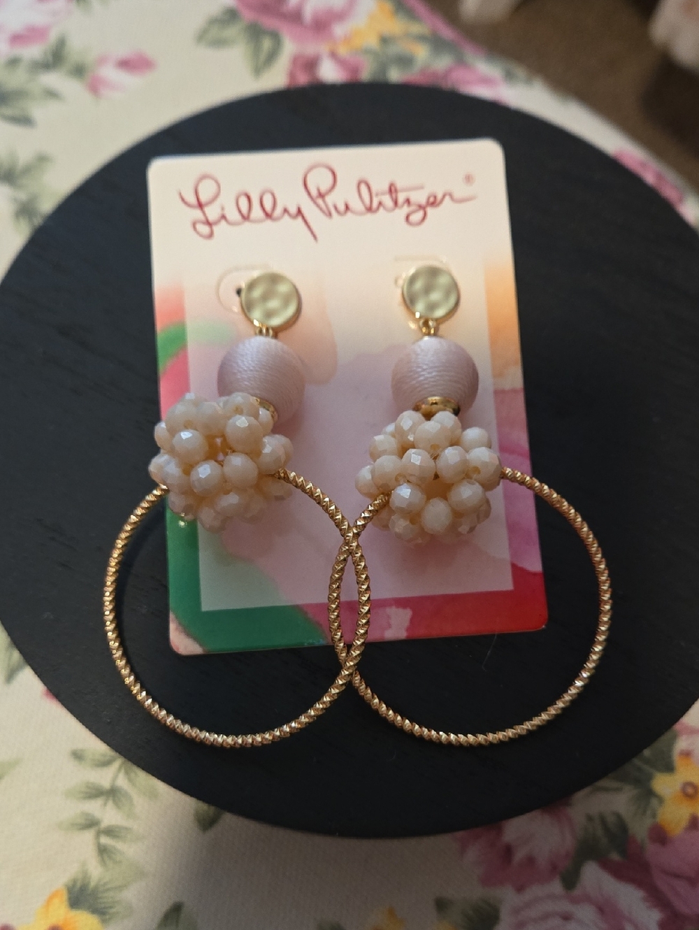 Lilly Pulitzer Caliente Blush/ Blush Pink Bead Cluster Gold Hoop Earrings